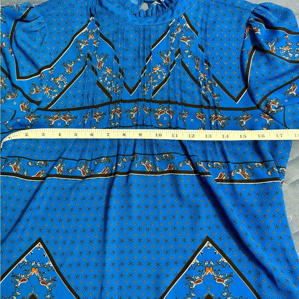 Boho Blue Blouse Balloon Sleeve Ruffle Neck Lightweight S